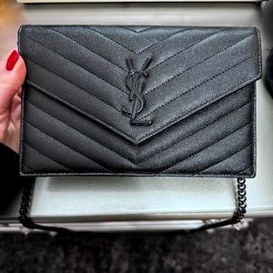 YSL Wallet Chain CROSSBODY CASSANDRE ENVELOPE CHAIN WALLET GRAIN DE POUDRE Matte